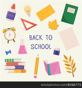 School and education related sets of objects consisting of pen, pencil, ruler, alam, book, notebook. Vector illustration. School and education related sets of objects consisting of pen, pencil, ruler, alam, book, notebook. Vector illustration.