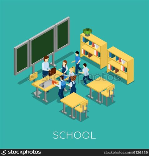 School And Learning Illustration. School and learning isometric concept with teacher and children on blue background vector illustration