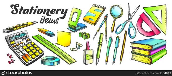 School And Office Stationery Items Color Set Vector. Stationery Knife And Pen, Calculator And Books, Ruler And Scissors, Eraser And Paper. Engraving Mockup Drawn In Retro Style Illustrations. School And Office Stationery Items Color Set Vector