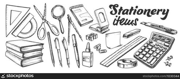 School And Office Stationery Items Ink Set Vector. Stationery Knife And Pen, Calculator And Books, Ruler And Scissors, Eraser And Paper. Engraving Mockup Drawn In Retro Style Monochrome Illustrations. School And Office Stationery Items Ink Set Vector