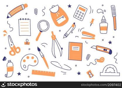 School and office stationery set. Doodle pen, pencil, marker, notebook, ruler and backpack. Vector flat icons of education supplies, scissors, calculator, magnifier and paints. Set of school and office stationery