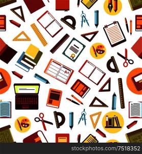 School and office supplies seamless pattern on white background with flat pens, pencils, rulers, books, laptops, diaries, clipboards, art palettes with paintbrushes, scissors, compasses and diplomas. Seamless pattern of school and office supplies