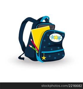 School and preschool backpack for children, dark blue with stars space design, with pockets and zippers, pencils and notebook. Side or three-quarters view, open rucksack. School backpack dark blue with space design