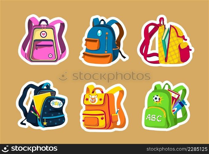 School and preschool backpacks for children, various colors and angles, open and closed. Colorful rucksacks with textbooks, notebooks, pencils, and bottles. Set of cartoon stickers. Colorful school backpacks for kids, stickers