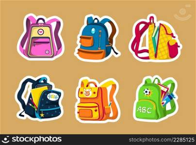 School and preschool backpacks for children, various colors and angles, open and closed. Colorful rucksacks with textbooks, notebooks, pencils, and bottles. Set of cartoon stickers. Colorful school backpacks for kids, stickers