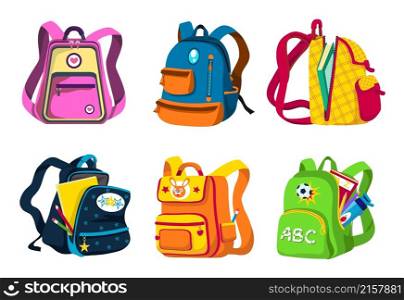 School and preschool backpacks for children, various colors, angles (front, side view), open and closed. Colorful rucksacks with textbooks, notebooks, pencils, bottles. Vector cartoon set. School backpacks, stylish rucksacks for schoolchildren, preschool or college. Vector cartoon set