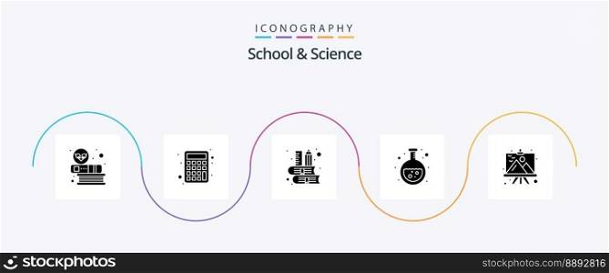 School And Science Glyph 5 Icon Pack Including frame. flask. book. lab. chemistry