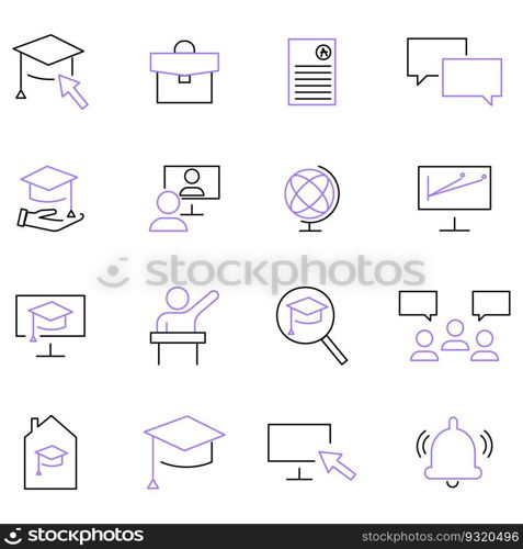 School and University Flat Line Icons Set. Study, Knowledge, Learning, Globe, Chemistry, Classroom Auditorium. Vector illustration. Stock image. EPS 10.. School and University Flat Line Icons Set. Study, Knowledge, Learning, Globe, Chemistry, Classroom Auditorium. Vector illustration. Stock image.