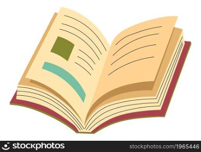 School and university supplies, isolated open book or textbook with pictures and text. Catalog or journal, magazine or diary, manual or encyclopedia, booklet with stories. Vector in flat style. Open textbook or notebook with pictures vector