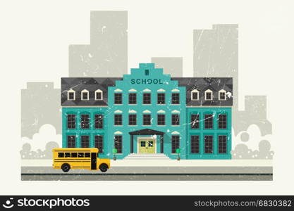 School and yellow bus. School building and school yellow bus grunge illustration.. Vector education banner with grungy texture.