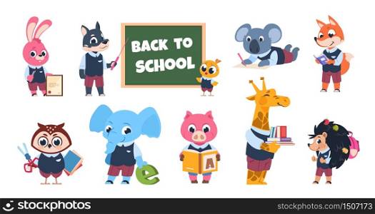 School animal characters. Funny cartoon kids reading writing and studying at school, educational illustration. Vector illustrations cute young animals on white background. School animal characters. Funny cartoon kids reading writing and studying at school, educational illustration. Vector cute animals