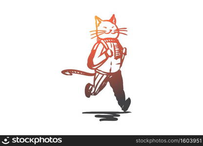 School, animal, fun, study, character concept. Hand drawn animal character cat goes to school concept sketch. Isolated vector illustration.. School, animal, fun, study, character concept. Hand drawn isolated vector.