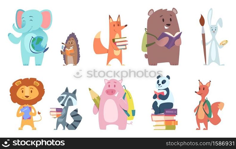School animals. Funny zoo kids with backpacks and other school equipment squirrel elephant bear fox vector characters. Some animals back to school illustration. School animals. Funny zoo kids with backpacks and other school equipment squirrel elephant bear fox vector characters
