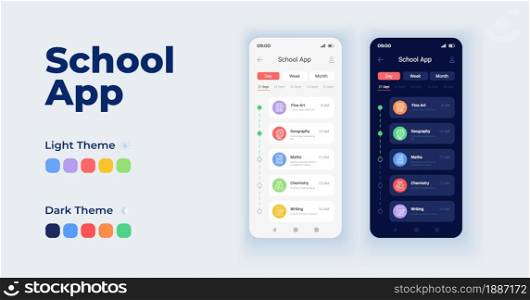 School app cartoon smartphone interface vector templates set. Education online. Mobile app screen page day and dark mode design. E learning UI for application. Phone display with flat character. School app cartoon smartphone interface vector templates set