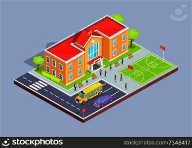 School area isolated 3d vector illustration on grey background. Cartoon style teenage students, two-storey building, sports field and parking lot. School Area 3D Illustration on Grey Background