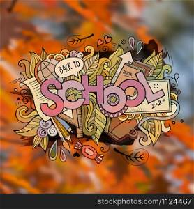School autumn Vector hand lettering and doodles elements blurred background. School autumn Vector hand lettering and doodles elements