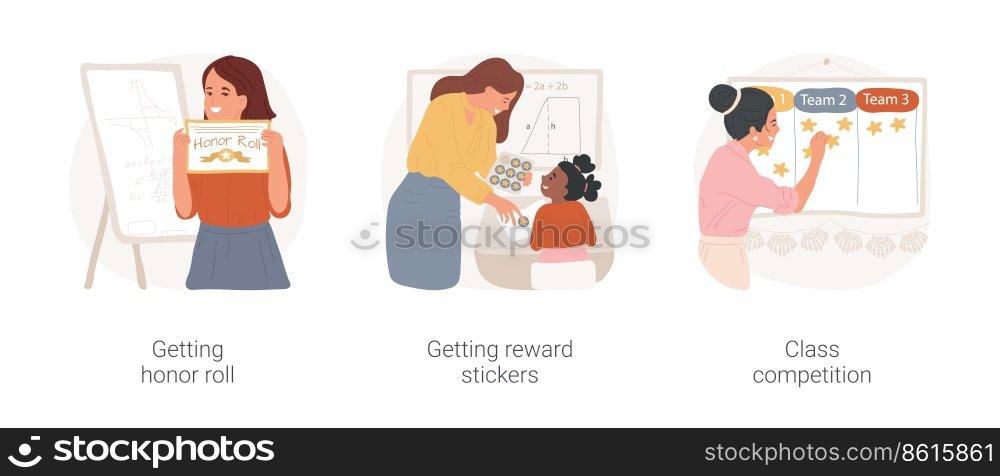 School awards isolated cartoon vector illustration set. Getting honor roll, reward stickers, class competition, excellent academic studies, getting a star, classroom team progress vector cartoon.. School awards isolated cartoon vector illustration set.