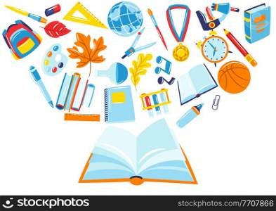 School background with education items. Illustration of colorful supplies and stationery.. School background with education items. Illustration of supplies and stationery.