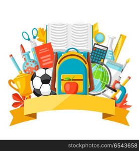 School background with education items.. School background with education items. Illustration of colorful supplies and stationery.