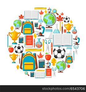 School background with education items.. School background with education items. Illustration of colorful supplies and stationery.