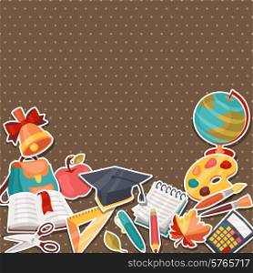 School background with education sticker icons and symbols.