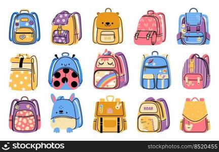 School backpack. Cartoon colorful kids bag for school stationery and supplies, elementary and middle school equipment for books. Vector education accessories set of bag school illustration. School backpack. Cartoon colorful kids bag for school stationery and supplies, elementary and middle school equipment for books. Vector education accessories set
