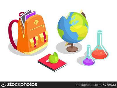School Backpack Full of Books, Chemical Flasks. School backpack full of books, chemical flasks, geographical globe, textbook with apple snack on it set of vector illustrations isolated on white