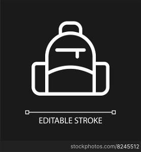 School backpack pixel perfect white linear ui icon for dark theme. Rucksack for students. Vector line pictogram. Isolated user interface symbol for night mode. Editable stroke. Arial font used. School backpack pixel perfect white linear ui icon for dark theme