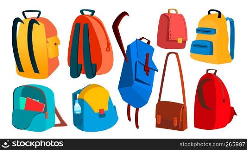 School Backpack Set Vector. Education Object. Kids Equipment. Colorful Schoolbag. Isolated Flat Cartoon Illustration. School Backpack Set Vector. Education Object. Kids Equipment. Colorful Schoolbag. Isolated Cartoon Illustration