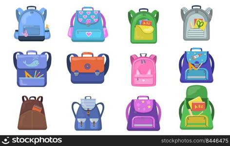 School backpacks set. Colorful bags for primary school students, open rucksacks for kids with school supplies inside. Vector illustrations for back to school, education, stationery, childhood concept