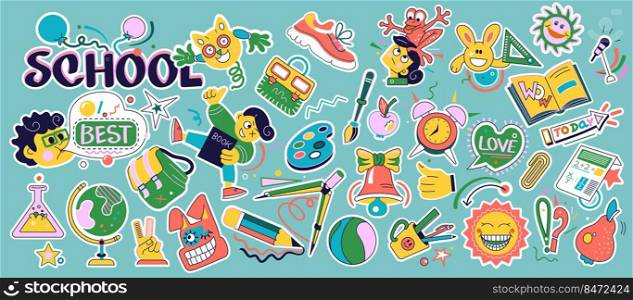 School badges. Abstract trendy stickers with school supplies, elementary and college education emblems. Vector isolated set illustrations collection logos education. School badges. Abstract trendy stickers with school supplies, elementary and college education emblems. Vector isolated set