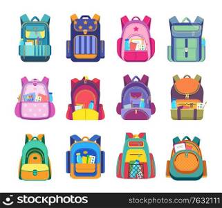 School bag and backpack isolated vector icons of student rucksack and knapsack with education equipment and supplies. Pupil schoolbags with zipper pockets and shoulder straps, books, pens, notebooks. School bag, backpack and student rucksack icons