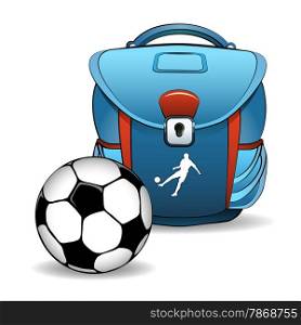 School bag and soccer ball drawn in cartoon style. Isolated on white background.
