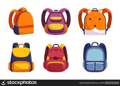 School bag collection in flat hand drawn vector style. Set of different kids backpacks for school. Back to school autumn elements. School bag collection in flat hand drawn vector style. Set of different kids backpacks for school. Back to school autumn elements.
