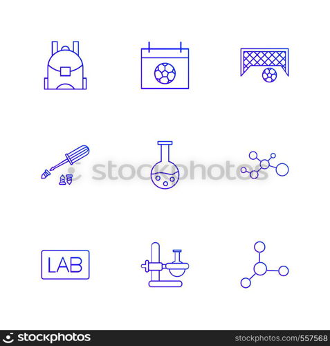 School bag , football , goal , screw driver , chmistry , beaker ,flask , chemical bonding , lab board , chemcal lab, logo, design, vector, sign, label, symbol, icon,illustration, graphic, style,