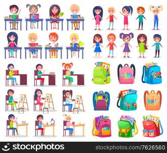 School bag, smiling girl and boy reading, writing or painting. Backpack sticker, pupils studying, education symbol, children learning with book vector. Back to school concept. Flat cartoon. Classmates and Backpack, School Sticker Vector
