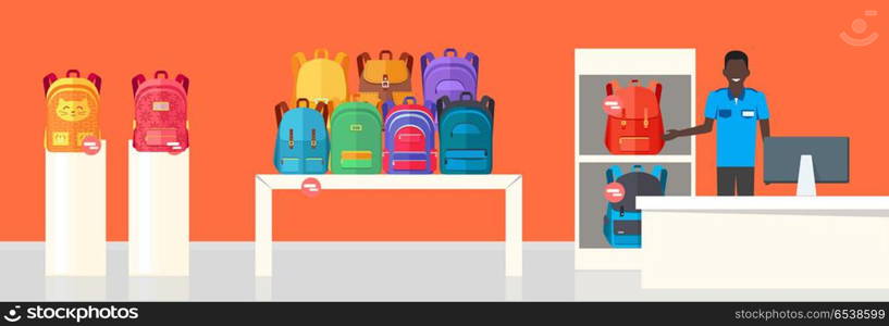 School Bag Store. Two Sellers Offering Backpacks. School Bag Store banner. Seller near white table offering some modern backpacks. Yellow and orange backgrounds. Various shapes, size and colour of backpacks. Different bags in white racks. Vector