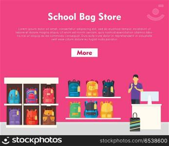 School Bag Store. Two Sellers Offering Backpacks. School Bag Store banner. Seller near white table offering some modern backpacks. Yellow and orange backgrounds. Various shapes, size and colour of backpacks. Different bags in white racks. Vector