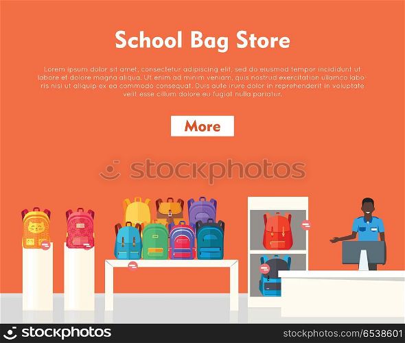 School Bag Store. Two Sellers Offering Backpacks. School Bag Store banner. Seller near white table offering some modern backpacks. Yellow and orange backgrounds. Various shapes, size and colour of backpacks. Different bags in white racks. Vector