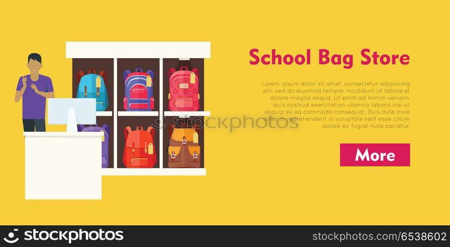 School Bag Store. Two Sellers Offering Backpacks. School Bag Store banner. Seller near white table offering some modern backpacks. Yellow and orange backgrounds. Various shapes, size and colour of backpacks. Different bags in white racks. Vector