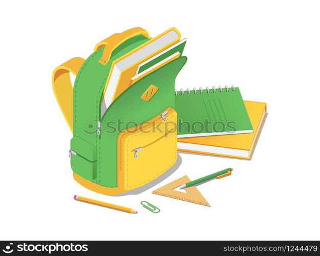 School bag with book and notebook and school supplies in isometric isolated