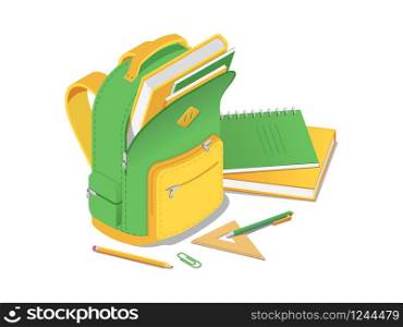 School bag with book and notebook and school supplies in isometric isolated