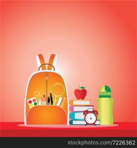 School bag with education objects, book, pencil, water bottle, red clock and apple, Back to school, education conceptual flat design vector illustration.