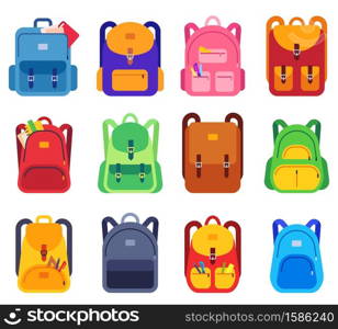 School bags. Backpacks with zipper and pockets for study and traveling, luggage objects. Back to school, students rucksacks flat vector set. Illustration schoolbag and baggage, luggage college. School bags. Backpacks with zipper and pockets for study and traveling, luggage objects. Back to school, students rucksacks flat vector set