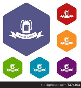 School bags icons vector colorful hexahedron set collection isolated on white . School bags icons vector hexahedron