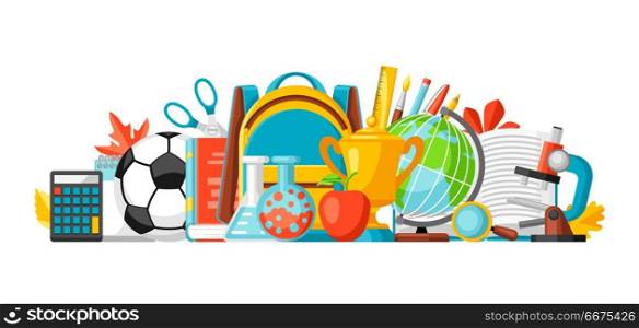 School banner with education items.. School banner with education items. Illustration of colorful supplies and stationery.