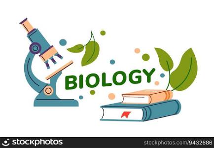School biology discipline, isolated microscope for looking at samples and books. Discovering and learning about nature. Biological lessons and classes at university or college. Vector in flat style. Biology lessons, microscopes and books vector