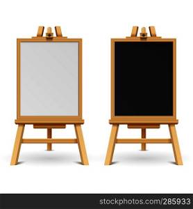 School black and white blank boards on easel vector illustration. Wooden frame board and chalk board on tripod. School black and white blank boards on easel vector illustration