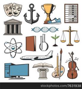 School book, university building and computer vector icons of education. Isolated objects of paint, pencil and brush, chemistry laboratory flasks, DNA and atom models, sport trophy cup, violin, plane. School book, university building, computer icons
