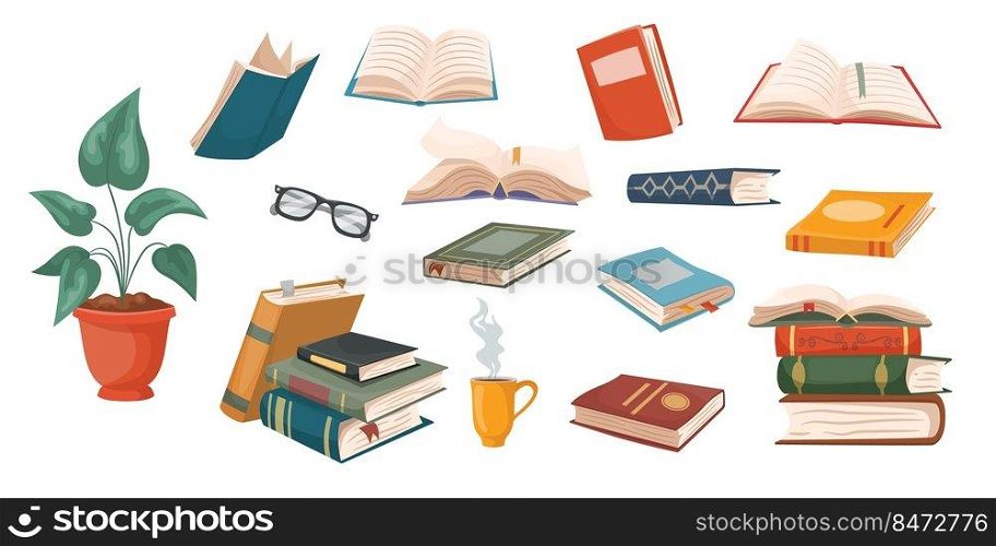 School books. Cartoon education library and notebooks, open and closed books in stacks. Vector isolated set design image illustrations collection book. School books. Cartoon education library and notebooks, open and closed books in stacks. Vector isolated set